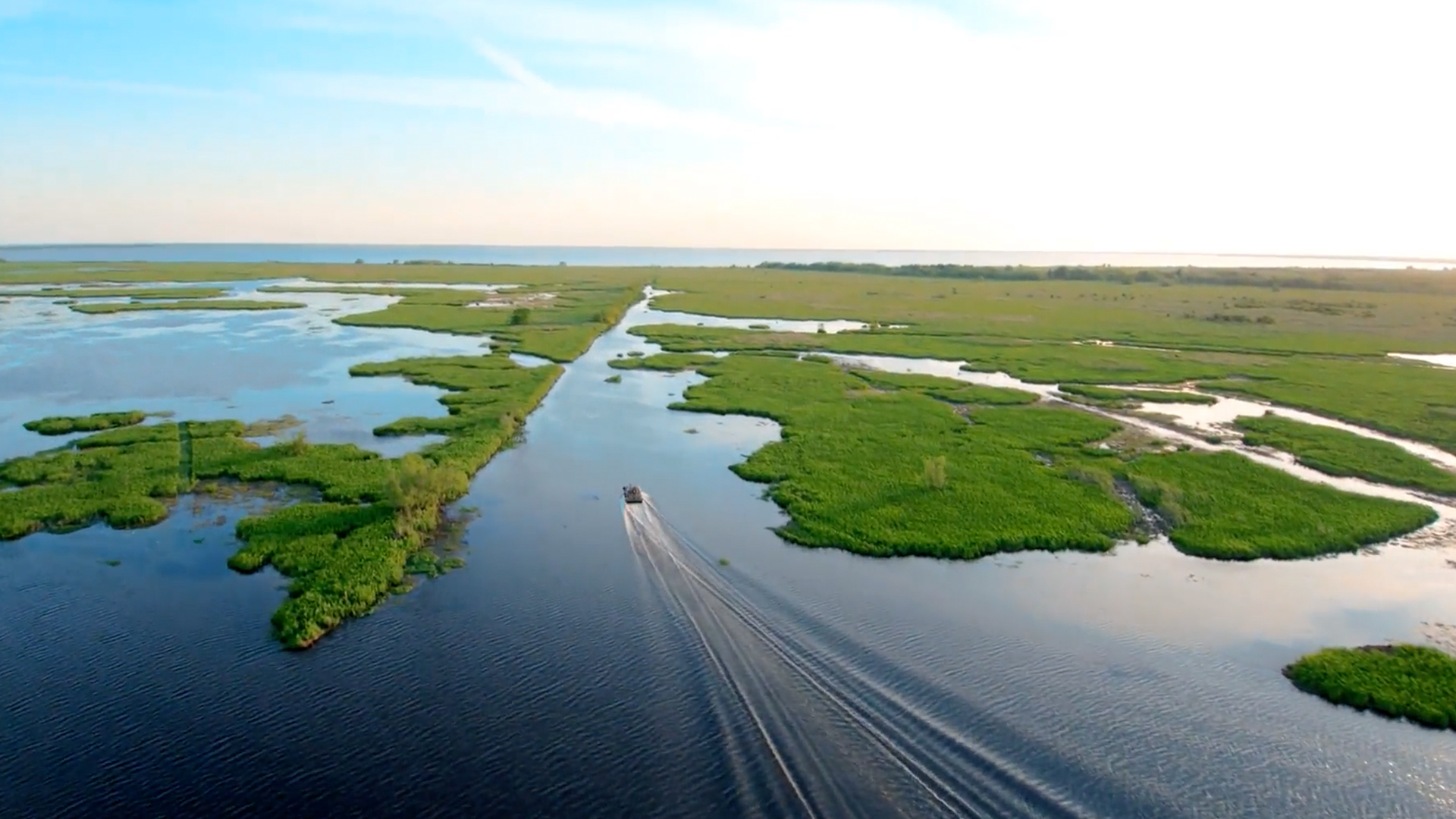 Aerial view of marsh land filmed for client